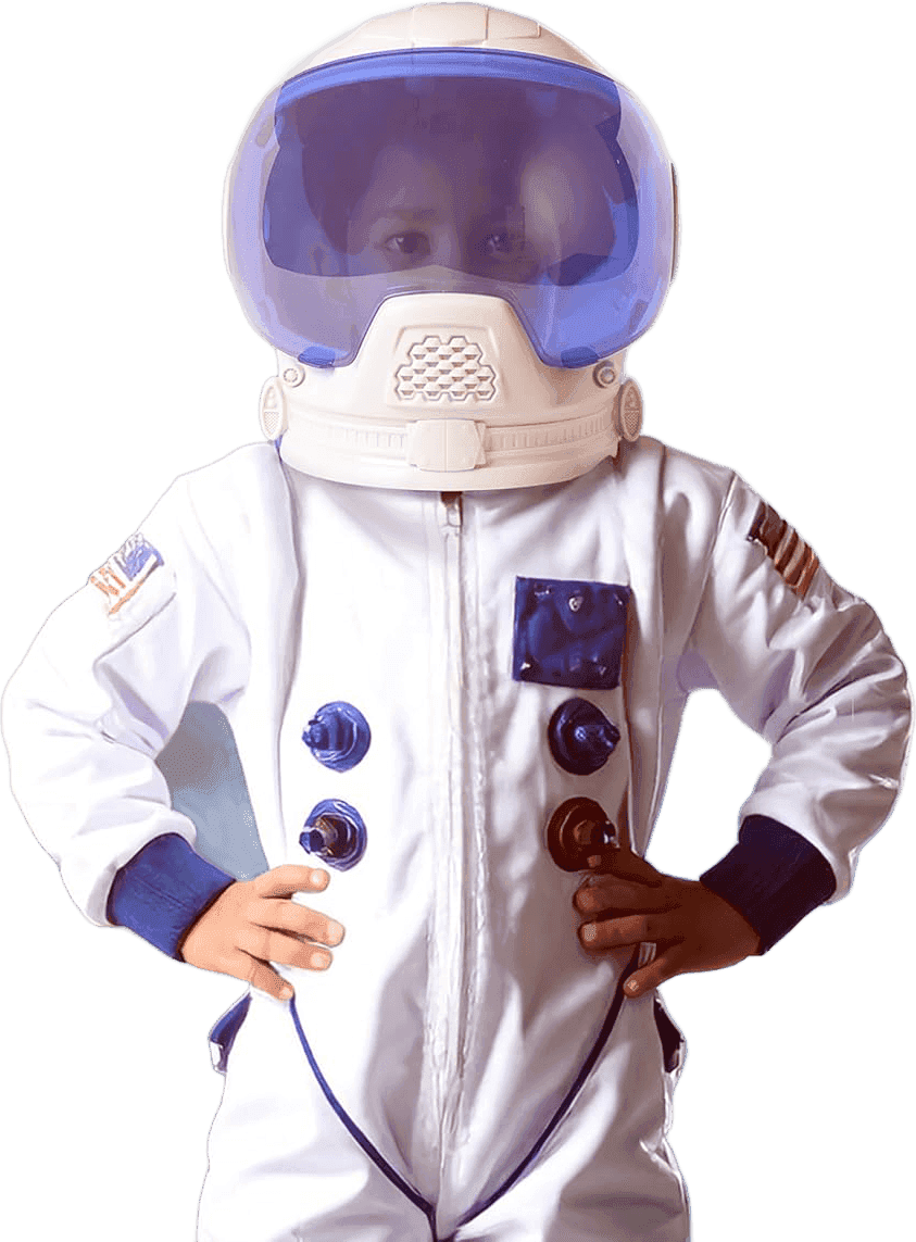 A child wearing a NASA astronaut helmet and suit, hands on hips