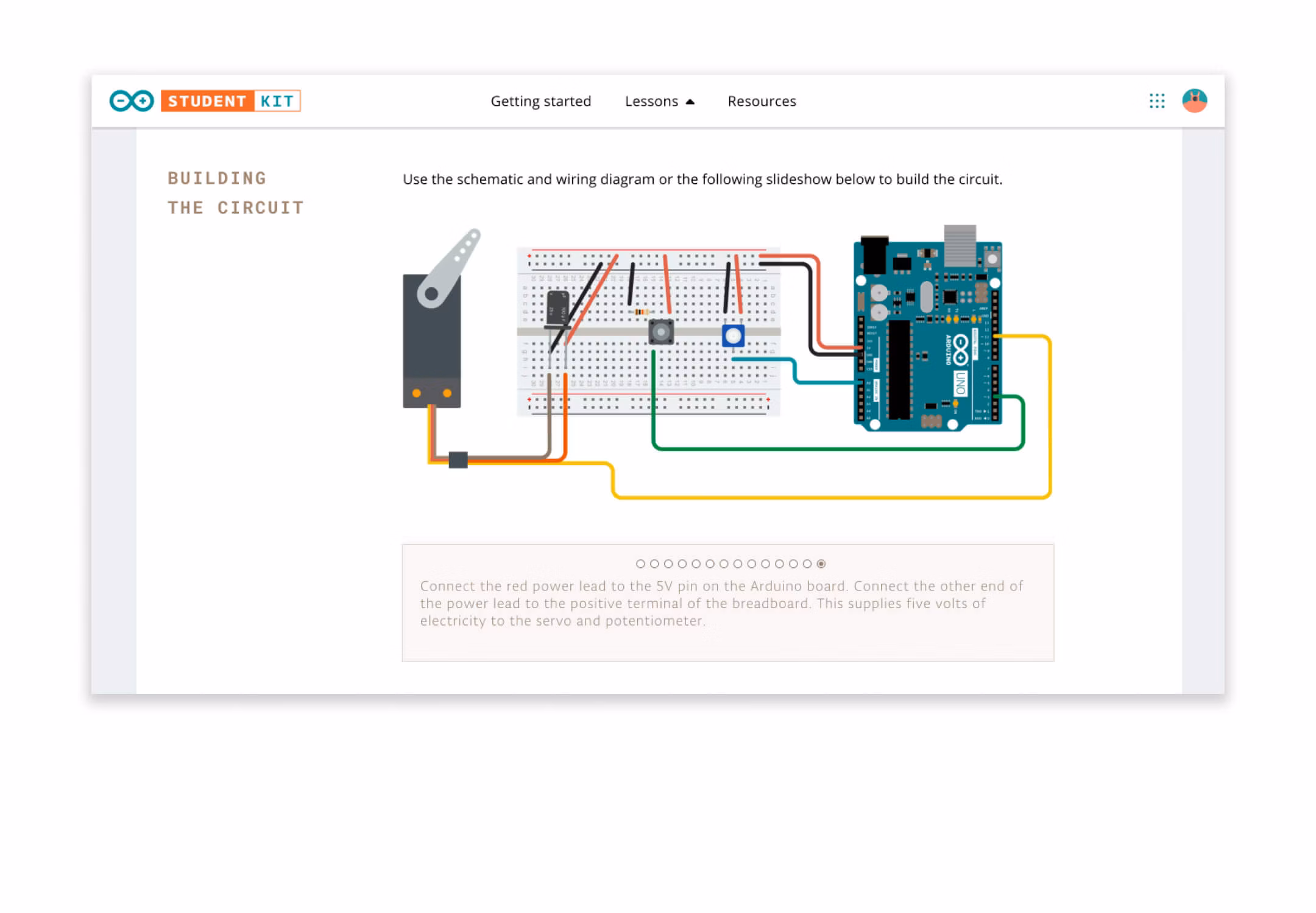 Screenshot of the Arduino Student Kit online learning platform showing a circuit building lesson