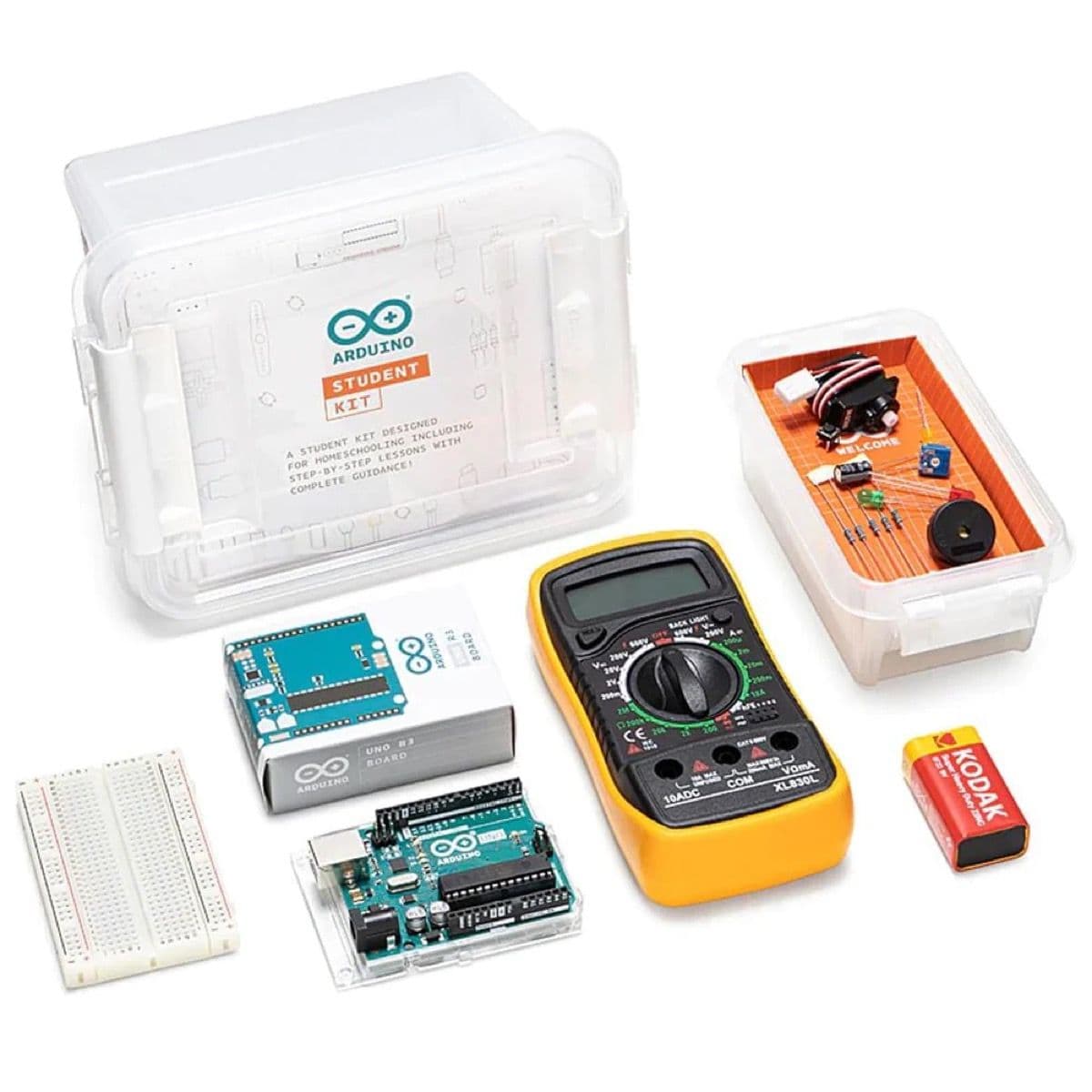 Arduino Student Kit contents laid out showing all components