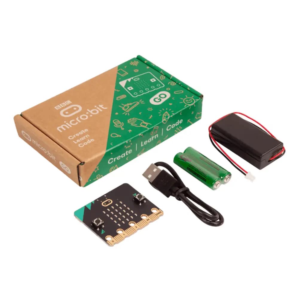 BBC micro:bit Go box contents: micro:bit V2 board, USB cable, battery holder, and AAA batteries