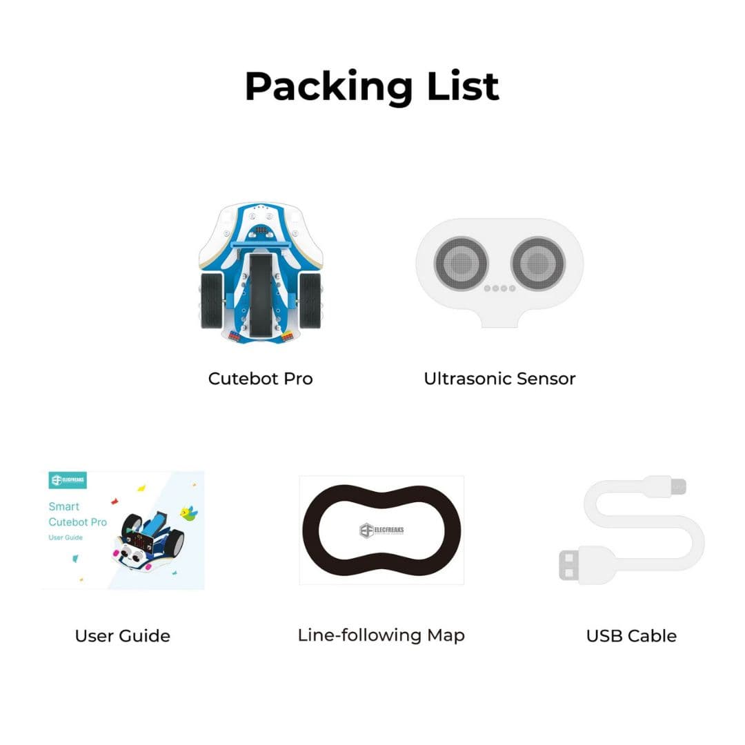 ELECFREAKS Smart Cutebot Pro unboxed showing the robot, ultrasonic sensor, track card, and guide