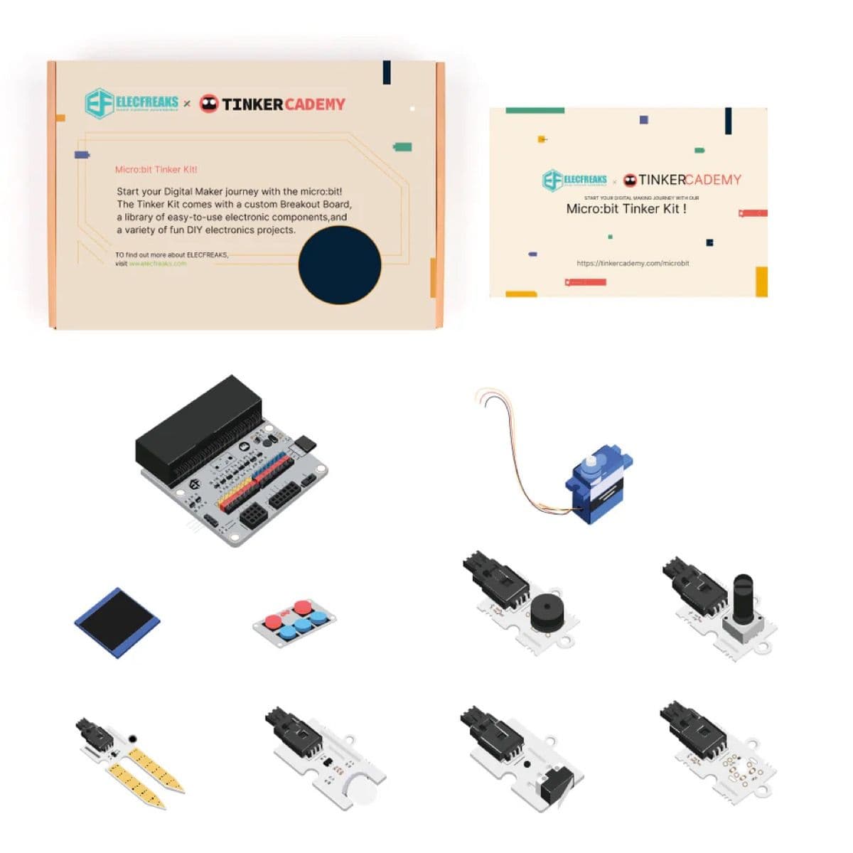 ELECFREAKS micro:bit Tinker Kit components laid out showing all 13 modules and accessories