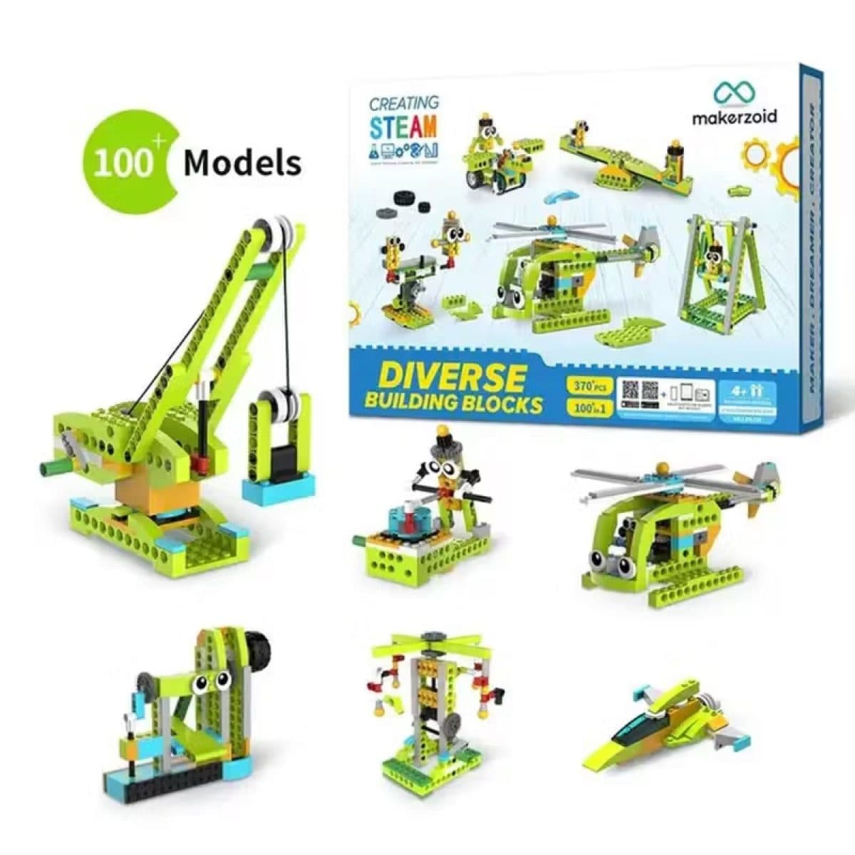 Makerzoid Diverse Building Blocks box surrounded by completed models including crane, helicopter, dancer and more