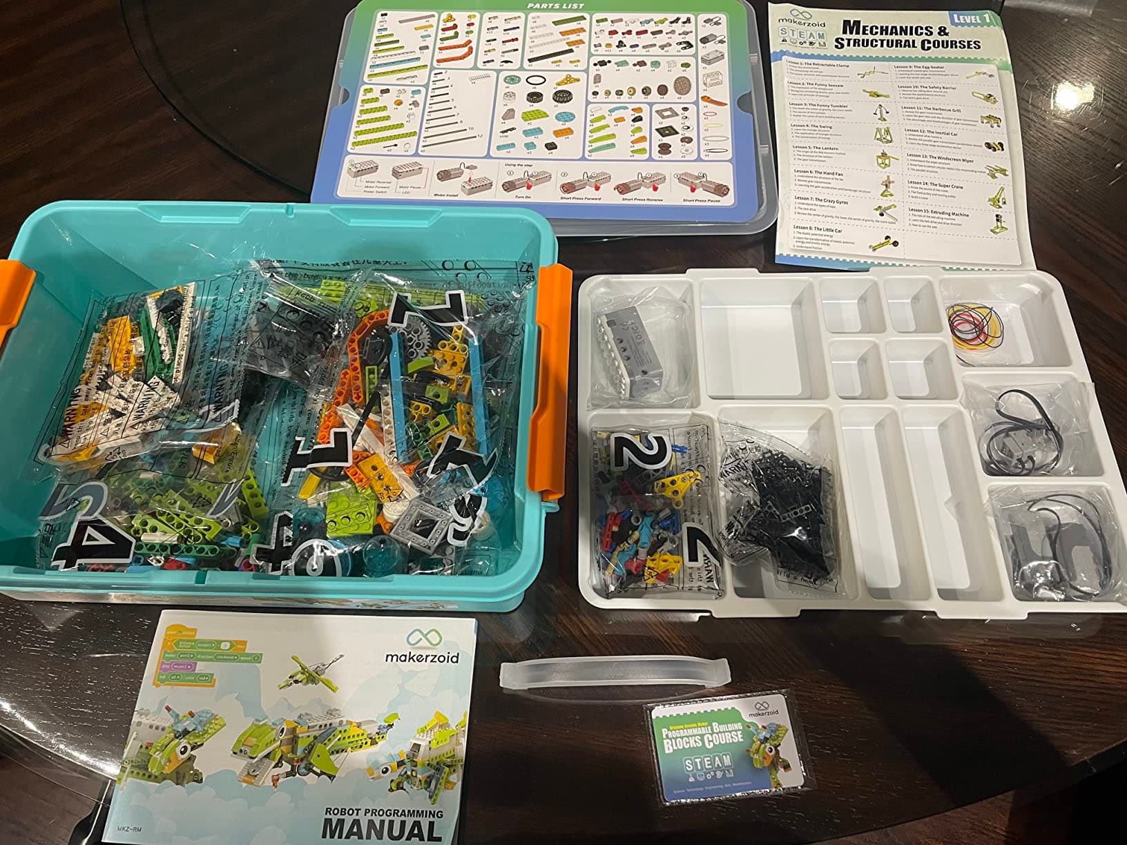 Makerzoid box open on floor showing all included pieces