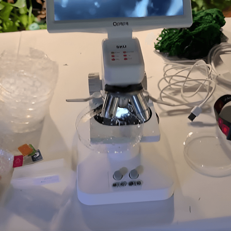 Microscope observing a petri dish specimen