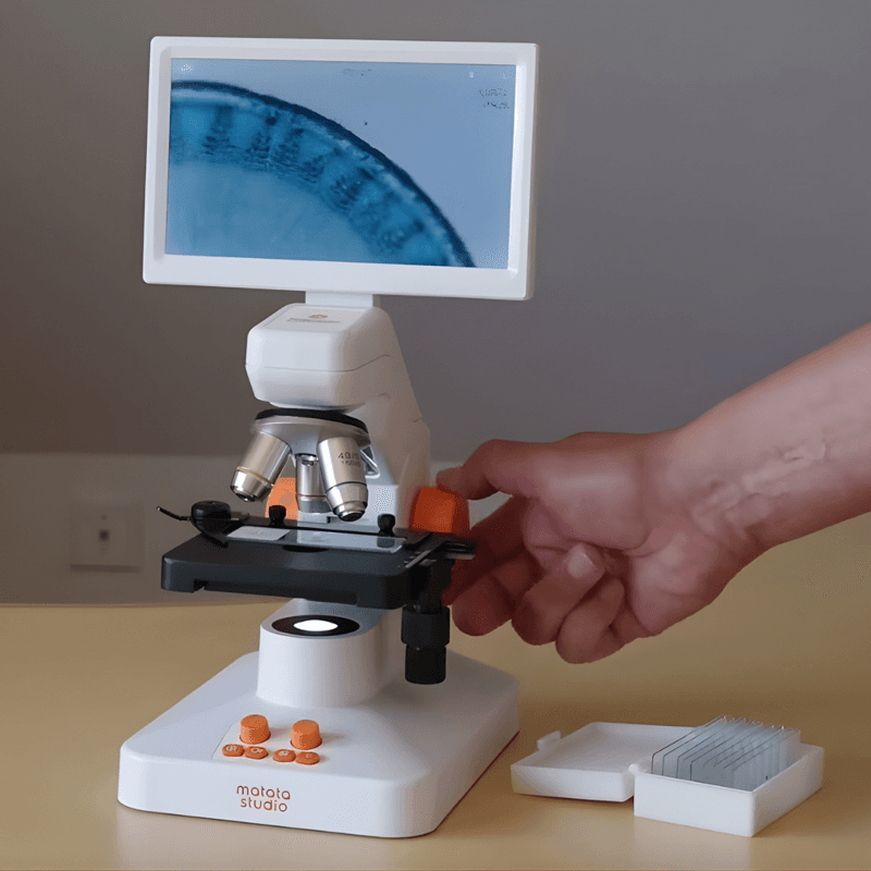 Microscope with prepared slides neatly arranged beside it