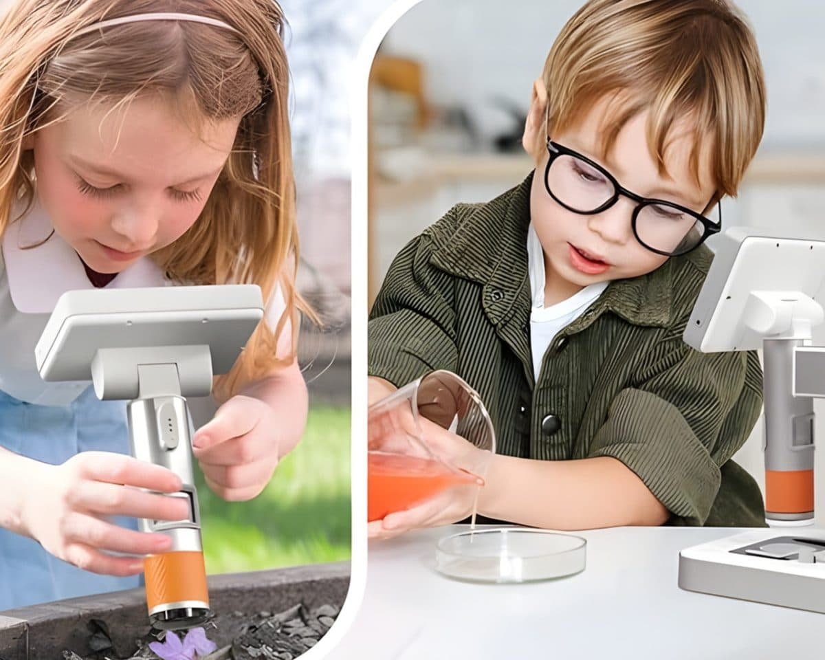 Split image: child using the MX2-AS handheld in the garden looking at a flower on the left; boy using the stand-mounted microscope with a petri dish on the right