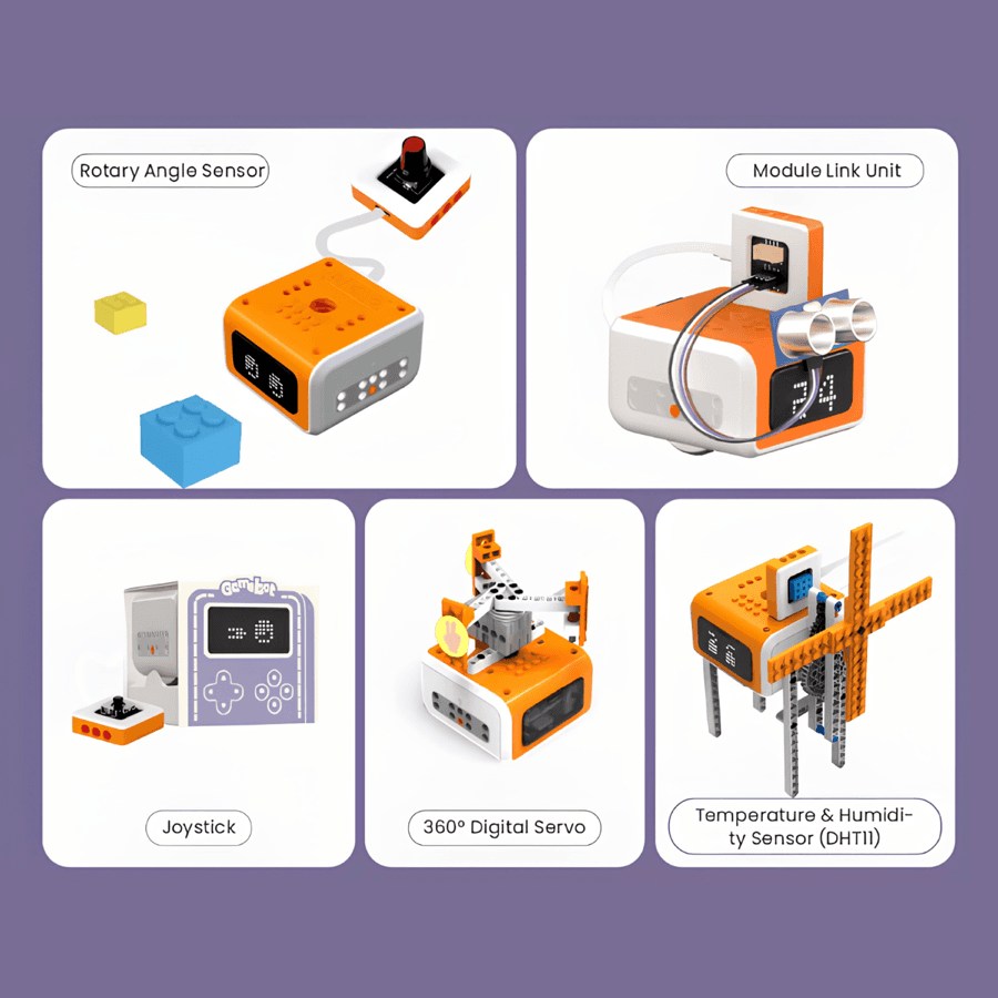 The five programmable electronic modules included in the Inventor Kit for VinciBot