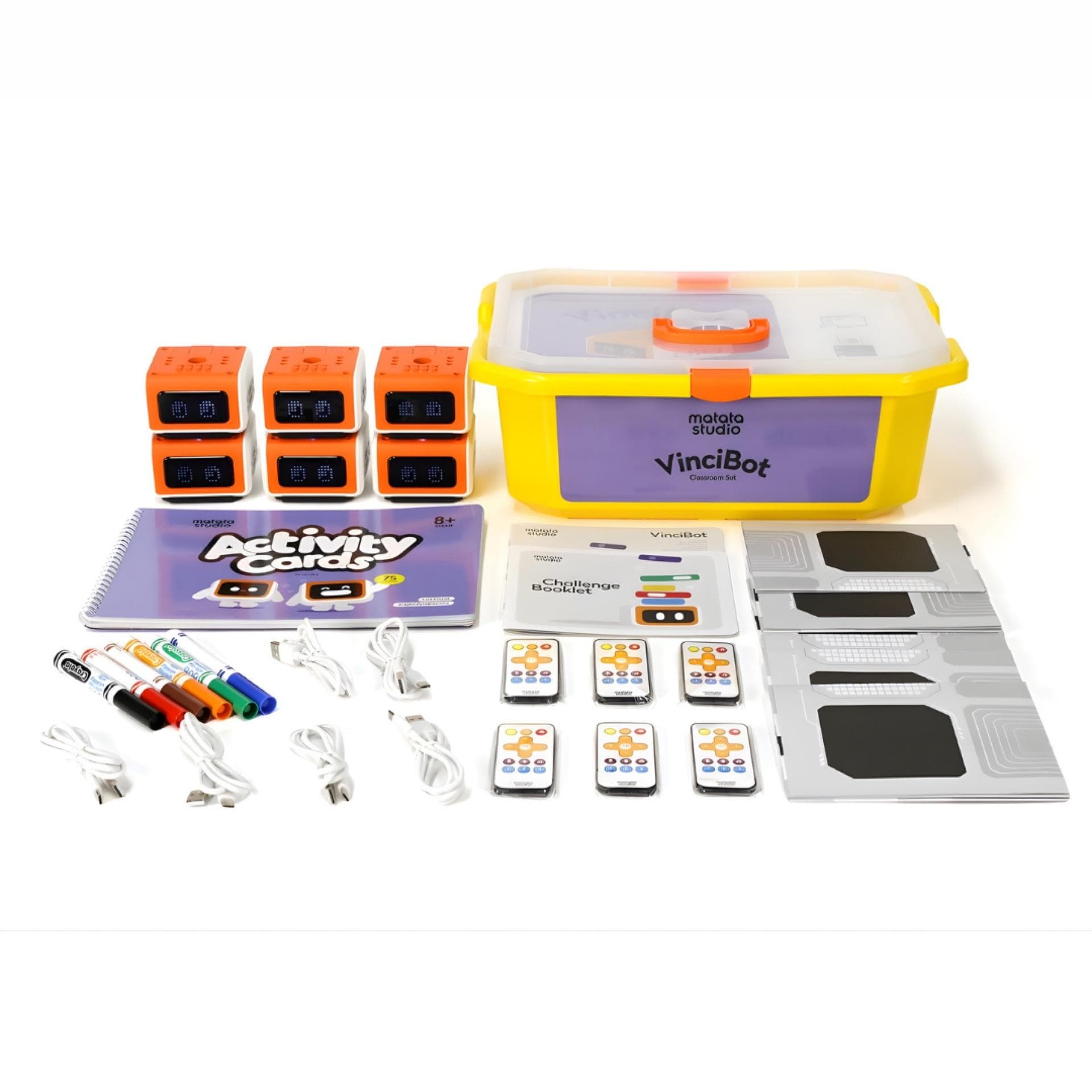 VinciBot Classroom Set contents laid out showing 6 robots, activity cards, maps, markers, and storage bin