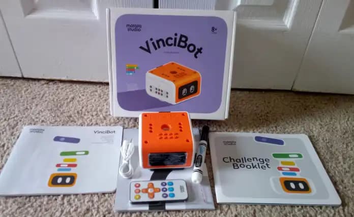 VinciBot box unpacked showing all components