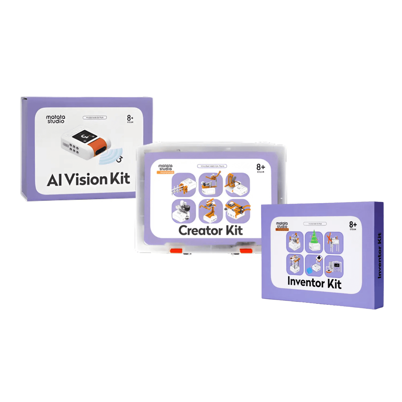 Three VinciBot expansion kits: AI Vision Kit, Creator Kit, and Inventor Kit