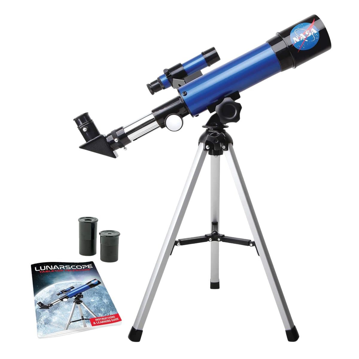 NASA Lunar Telescope kit showing telescope, tripod, eyepieces, finder scope, and learning guide
