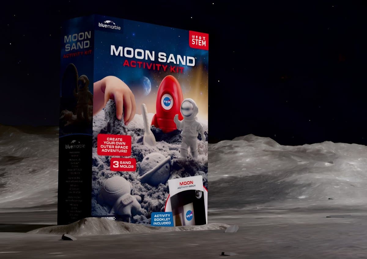NASA Moon Sand Activity Kit box against a lunar landscape backdrop