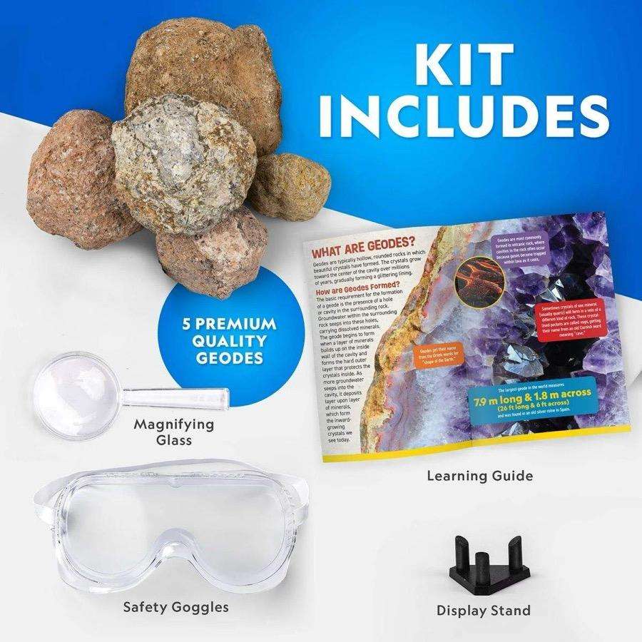 National Geographic Break Open 5 Geodes kit contents laid out