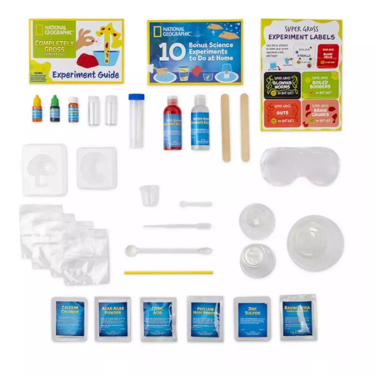 National Geographic Completely Gross Chemistry Set contents laid out
