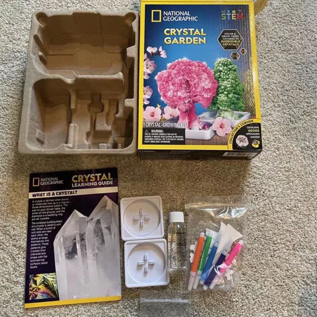 National Geographic Crystal Garden kit contents laid out