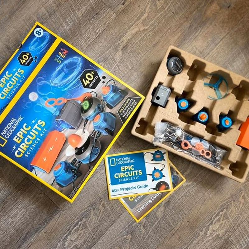 Epic Circuits Science Kit box opened showing all components