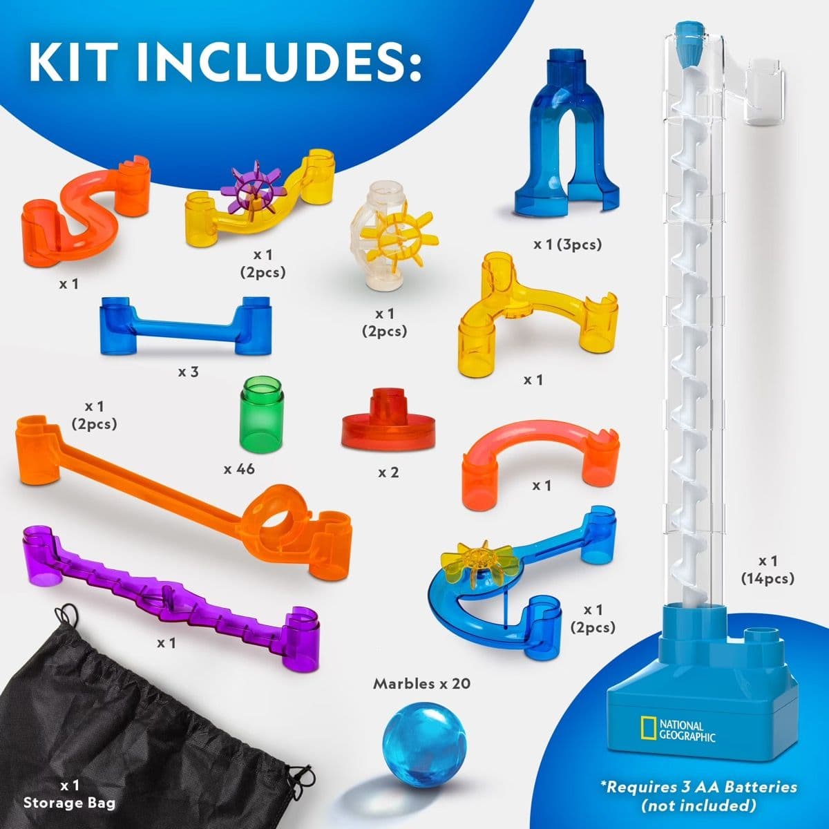 National Geographic Motorized Marble Run kit contents laid out