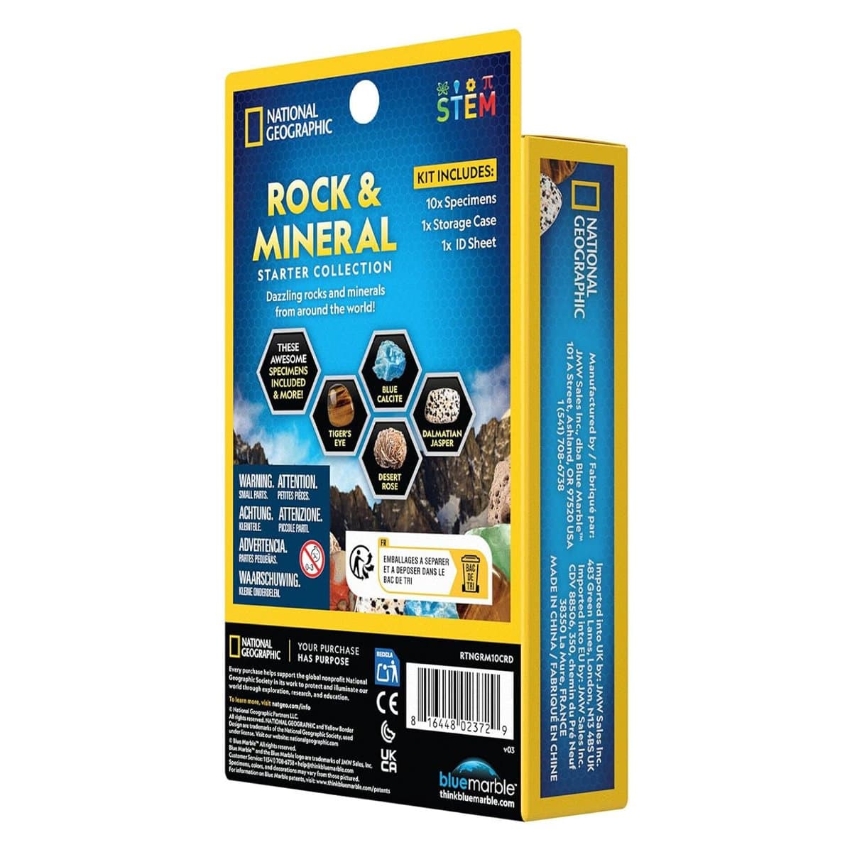 Back of the National Geographic Rock and Mineral Starter Collection box showing the included specimens