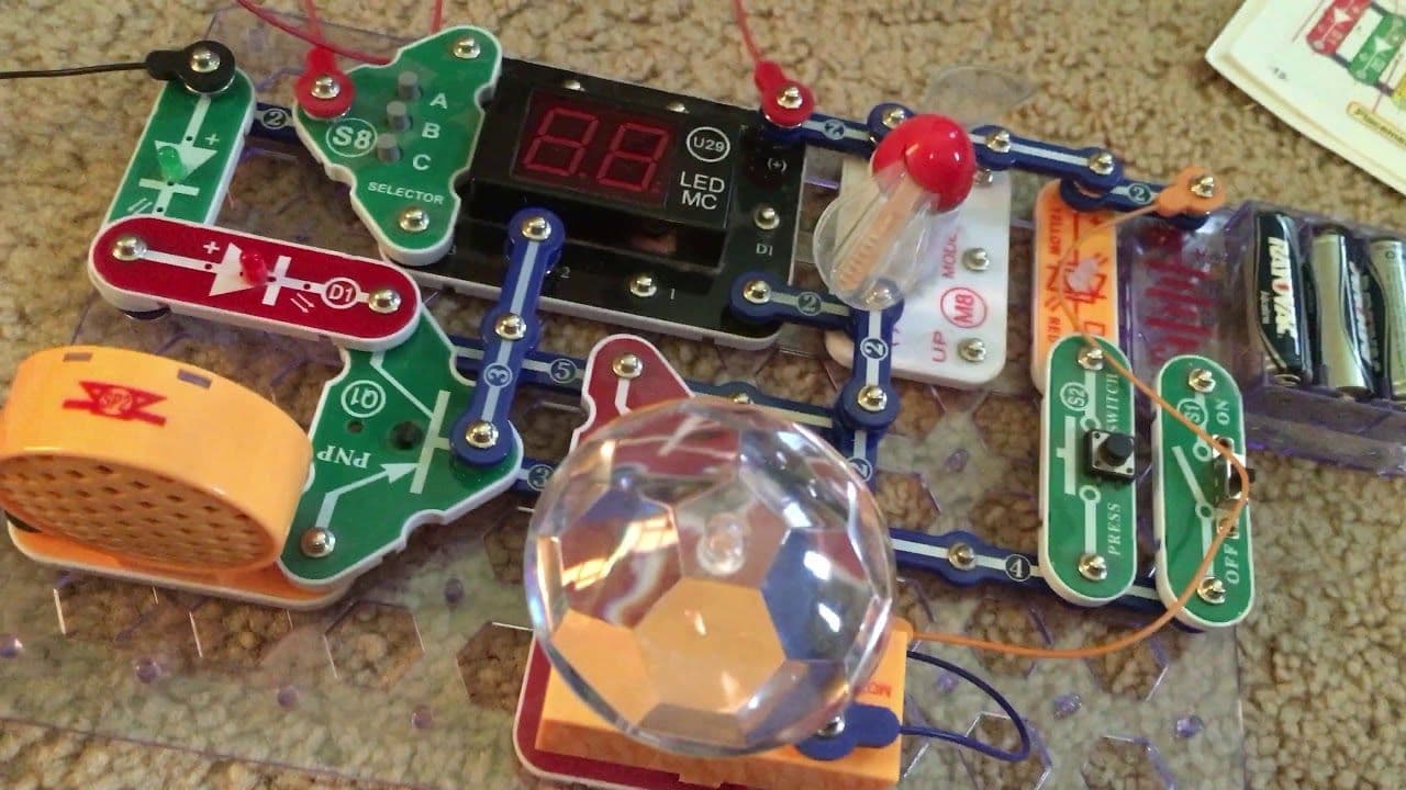Snap Circuits Arcade fully assembled on a kitchen counter