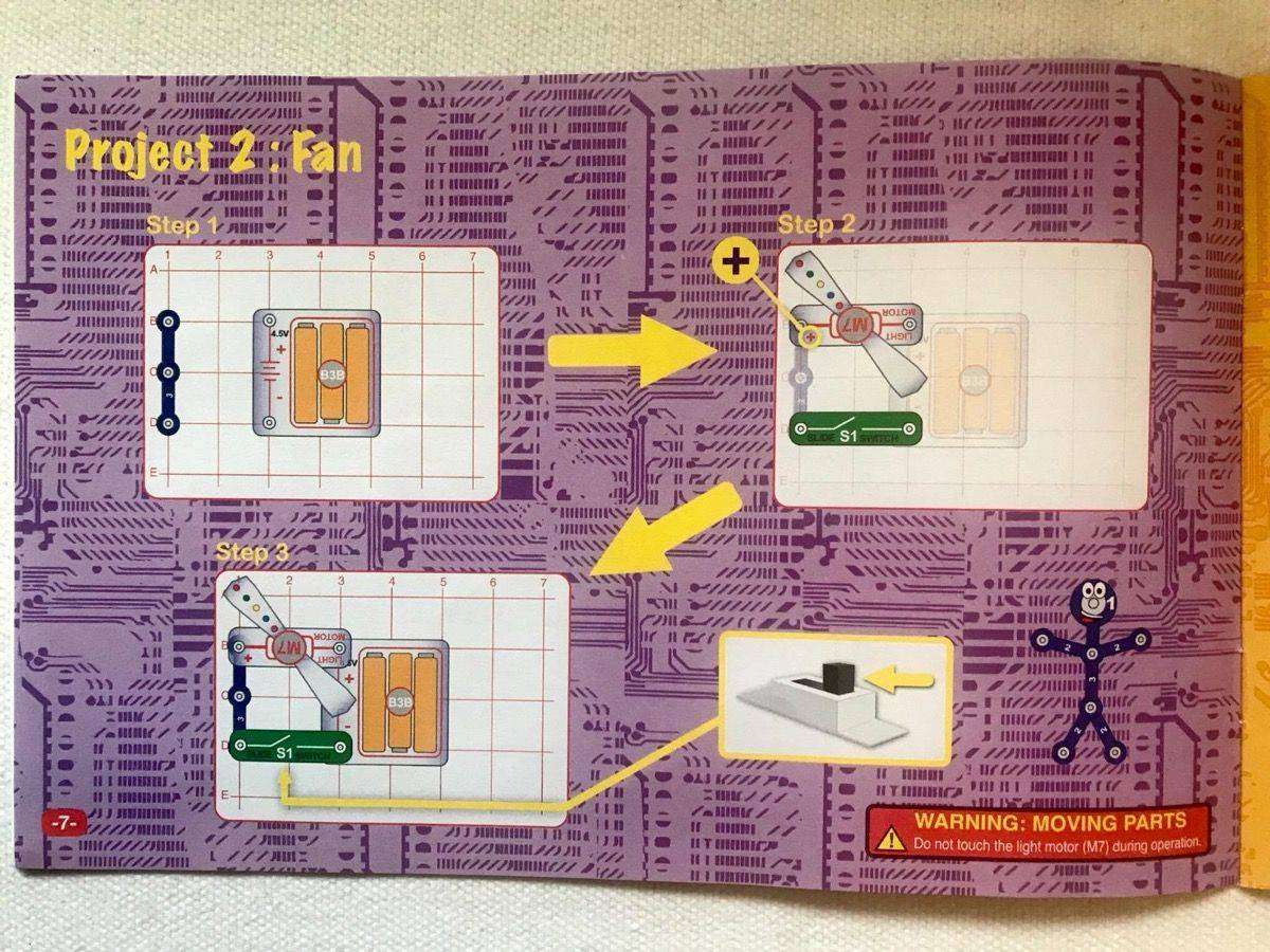 Open Snap Circuits Beginner manual showing illustrated project instructions