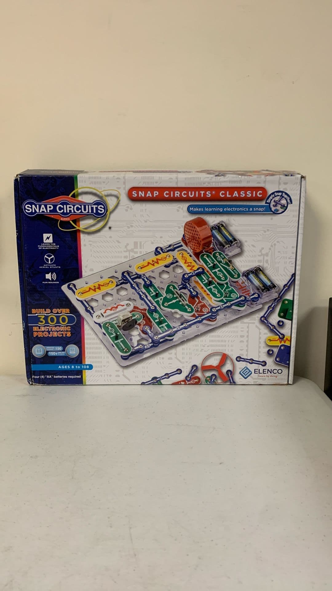 Snap Circuits Classic 300 box standing against a wall
