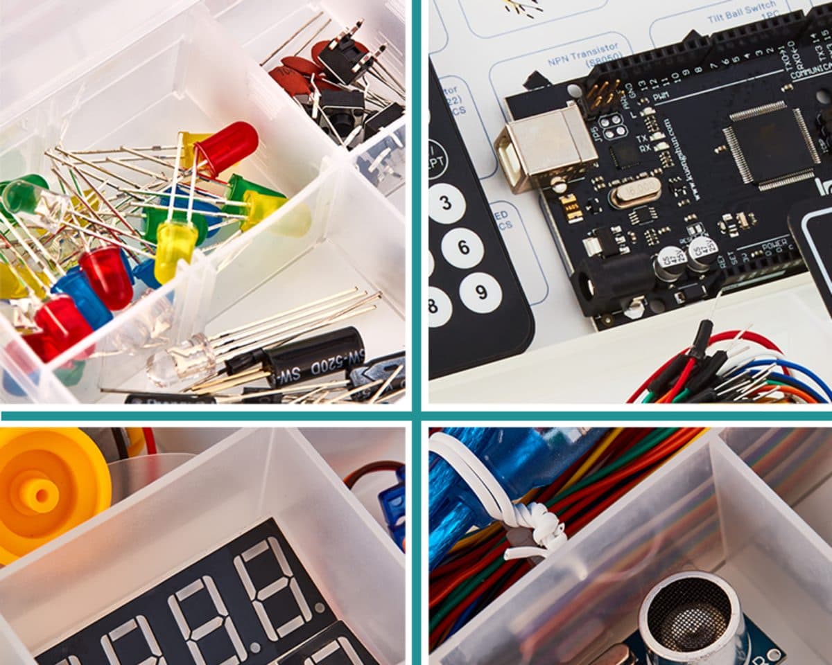 Assorted components from the Mega 2560 kit including colourful LEDs, resistors, capacitors, and transistors organised in a storage box
