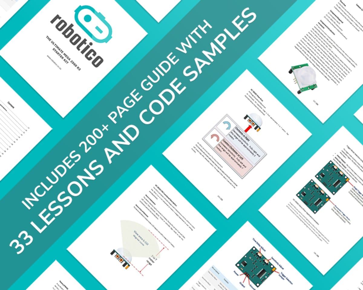 Mega 2560 starter kit guide and code samples alongside kit components