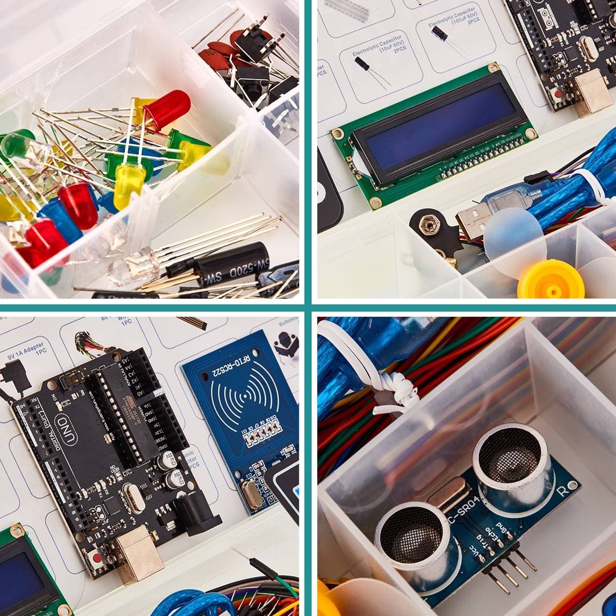 Robotico Ultimate UNO R3 Starter Kit components spread out showing sensors, modules and the board