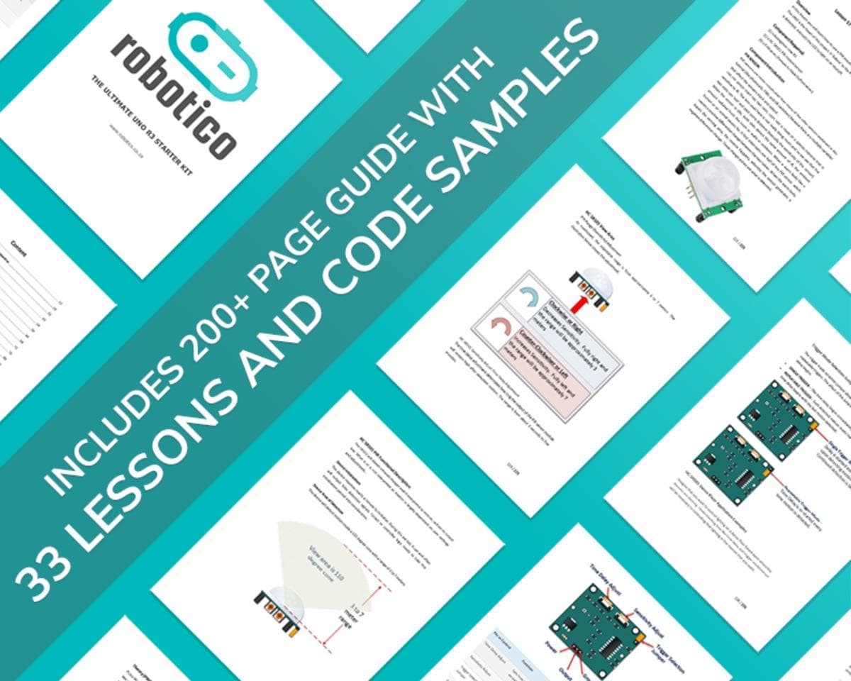 Robotico Ultimate UNO R3 Starter Kit guide showing lesson pages and code samples
