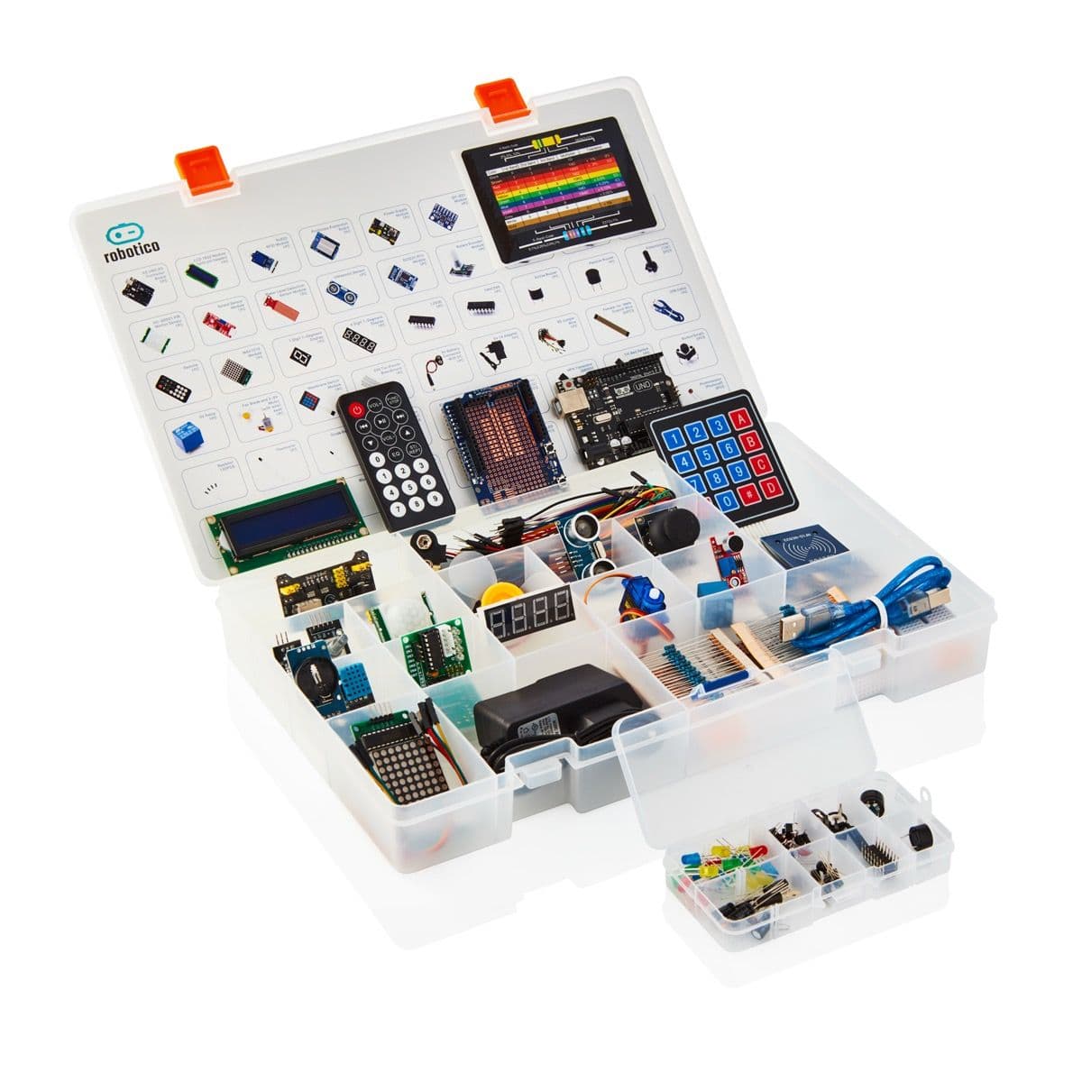 Robotico Ultimate UNO R3 Starter Kit unboxed showing all components and sensors
